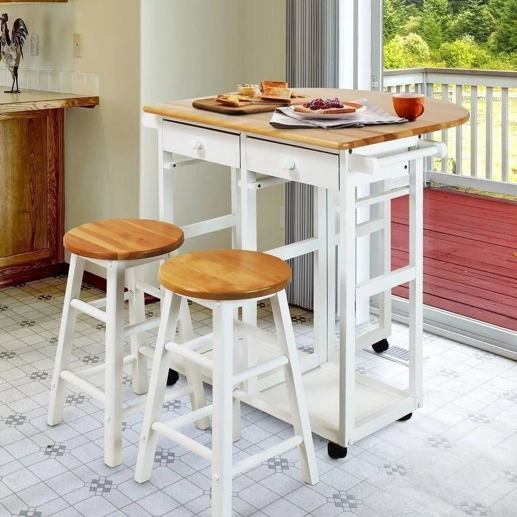 White Rolling Kitchen Cart with Stools I464