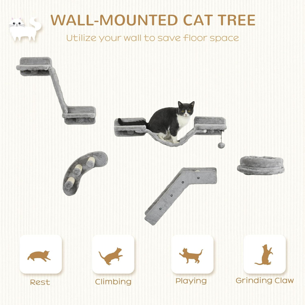 Gray 5PCs Cat Wall Shelves with Soft Plush Sisal R152971