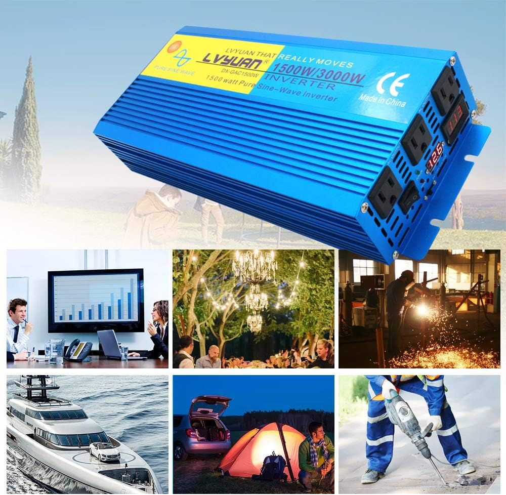 1500W Pure Sine Wave Power Inverter 12V DC to 110V AC with 3 AC Outlets K68405
