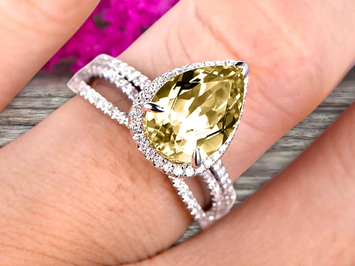 Champagne Diamond Moissanite Engagement Ring 2.5 Carat Pear Shape Gemstone Wedding Set On 10k White Gold With Matching Band U727
