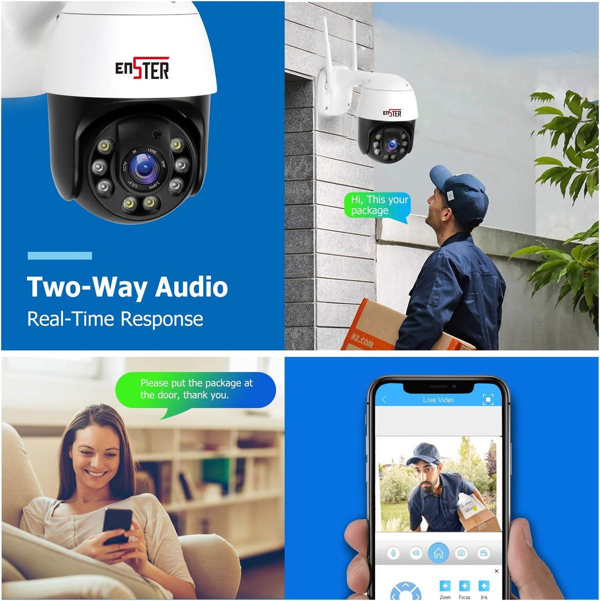 Outdoor Security Camera, 360° Panoramic PTZ WiFi Camera, 1080P Color Night Vision, Two-Way Audio J9106