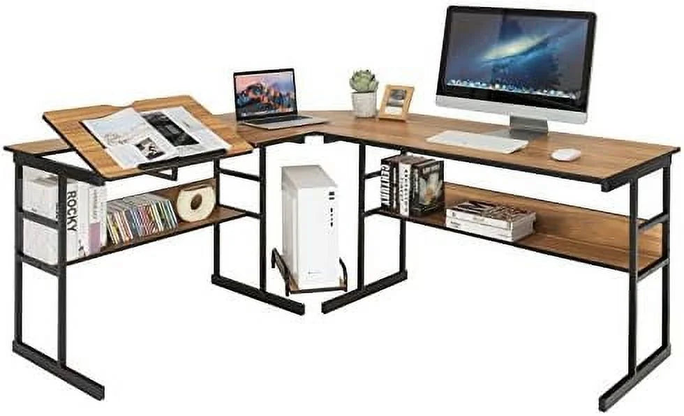 67 inches L-Shaped Corner Computer Desk with Bookshelves Q182395
