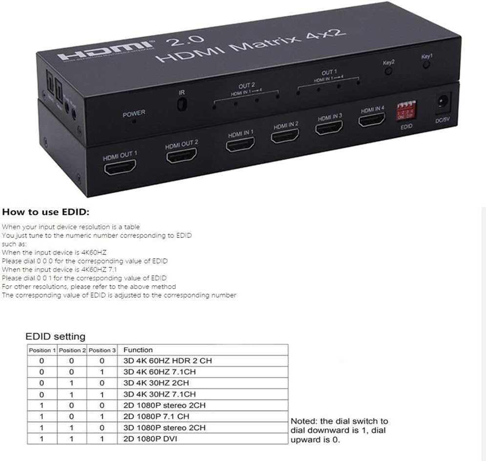 4K HDMI 2.0 Matrix 4X2 Switch with Optical & L/R 3.5mm Output D64894