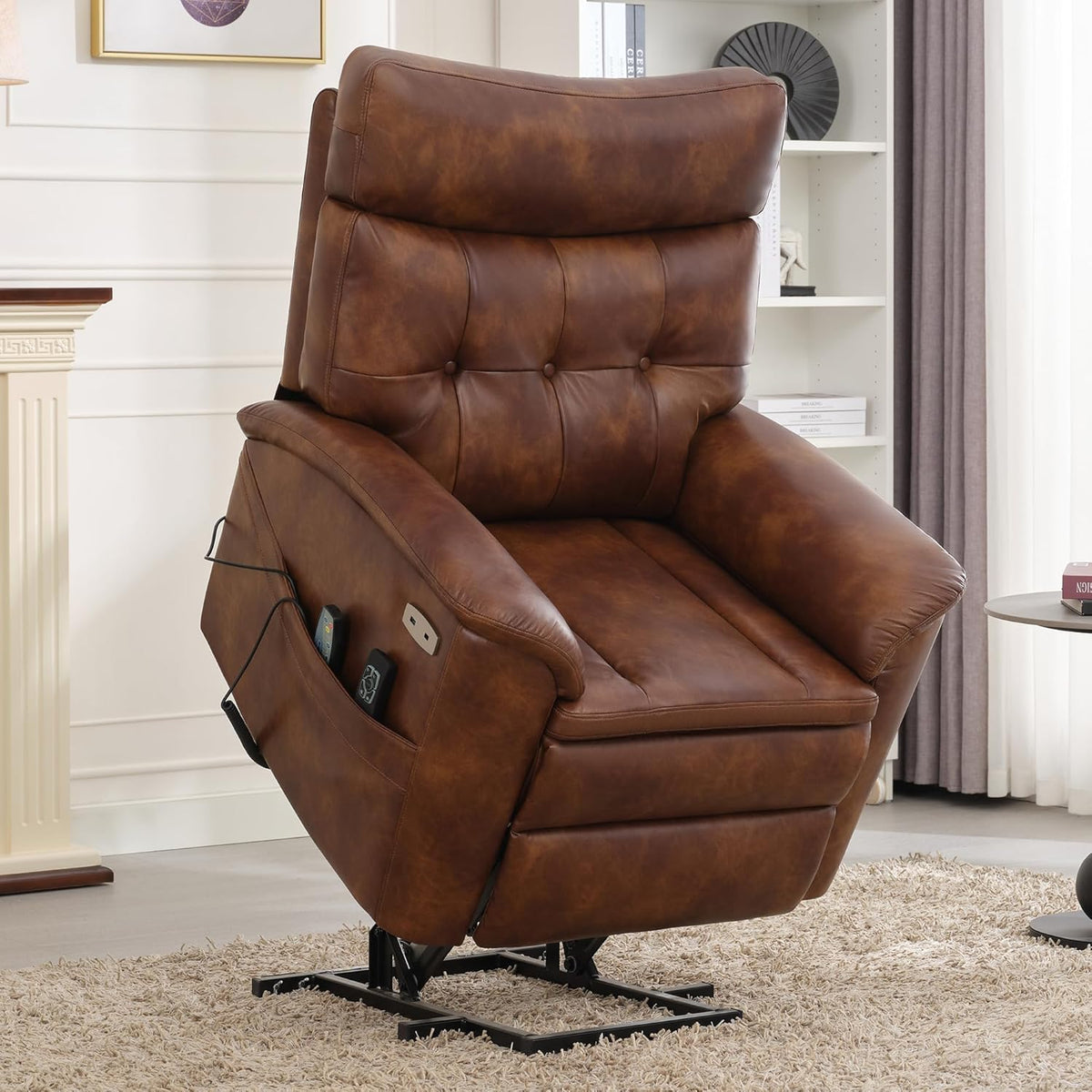 Caramel Leather Power Lift Recliner Chair with Heating and Massage Y707