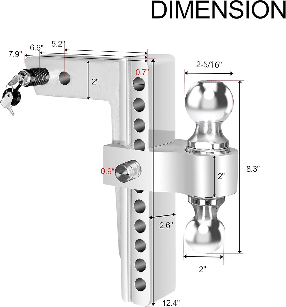 Dual Ball Mount Hitch Adjustable Drop/Rise, Aluminum Trailer Hitch, Fits 2" Receiver with Pin Lock (10 inch) X401