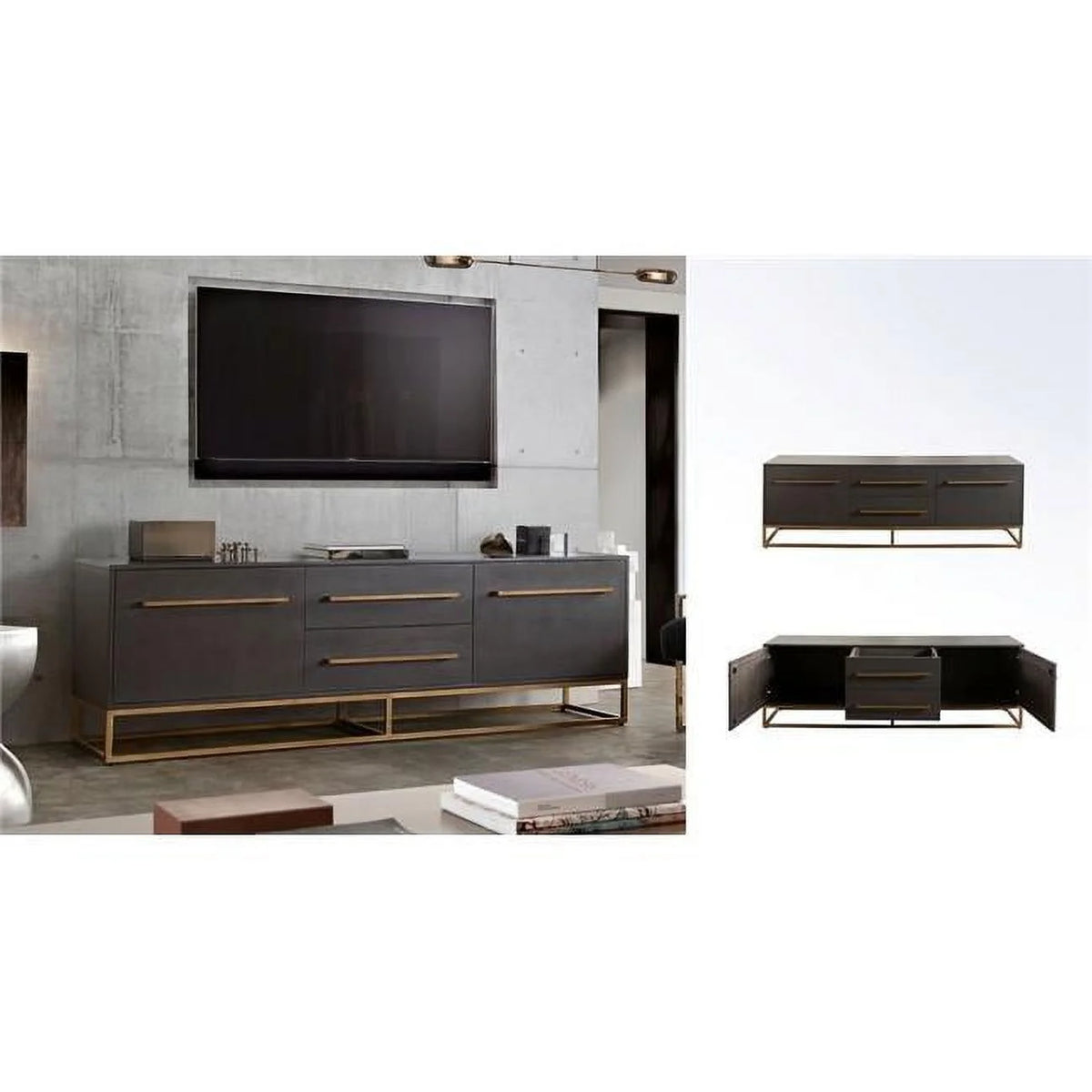 Grey Oak Mango Wood 2-Door 2-Drawer Entertainment Cabinet B272