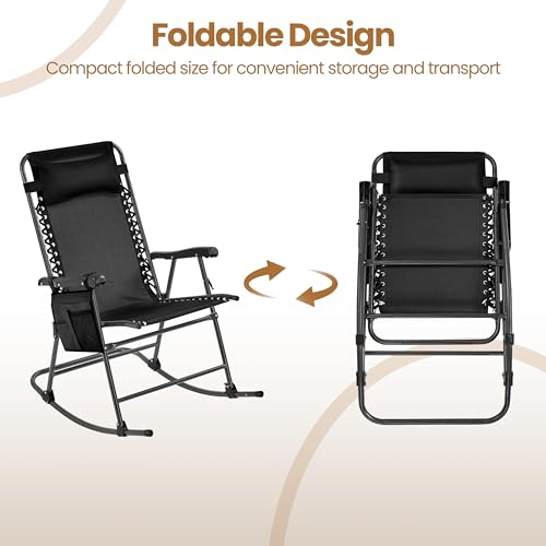 Beige Folding Rocking Chair with Cupholder and Pillow Y313
