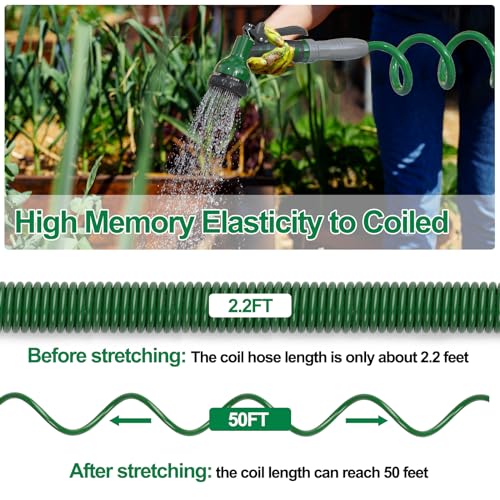 Lightweight Coil Garden Hose 50 FT with 6-Pattern Spray Nozzle A9254