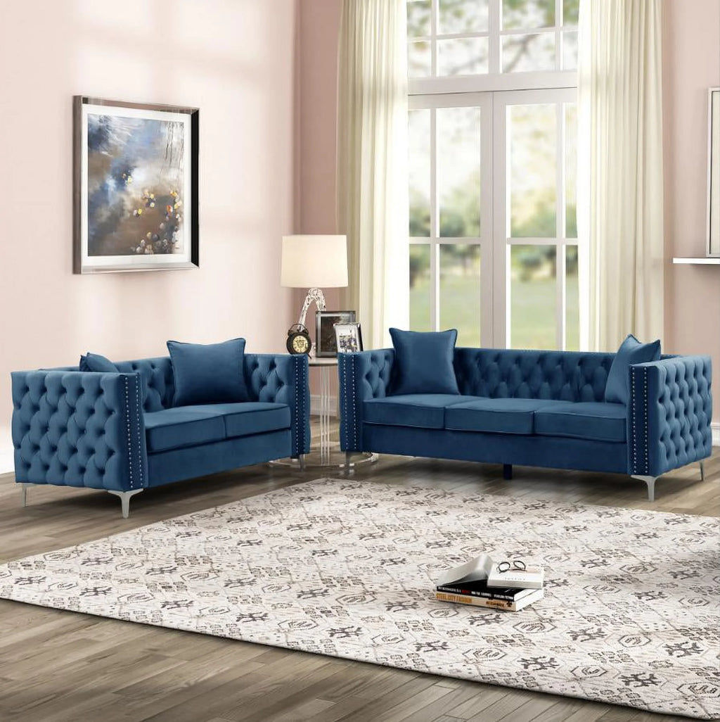 Blue Velvet Tufted Sofa Set 2Pcs K808533