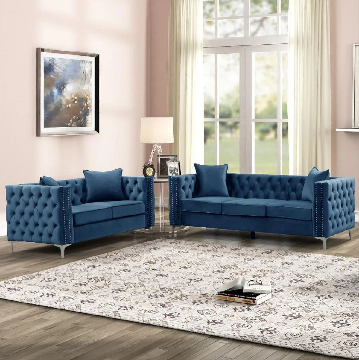 Blue Velvet Tufted Sofa Set 2Pcs K808533