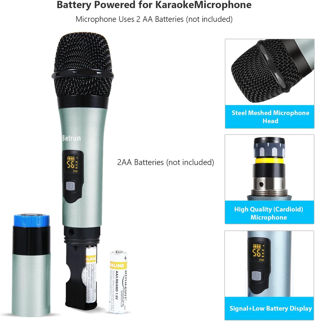 UHF Dual Channel Wireless Microphones with Bluetooth, Metal Cordless Handheld Dynamic Mics M160022