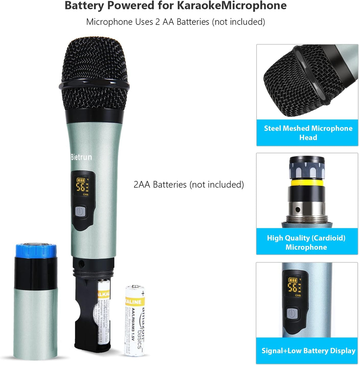 UHF Dual Channel Wireless Microphones with Bluetooth, Metal Cordless Handheld Dynamic Mics M160022
