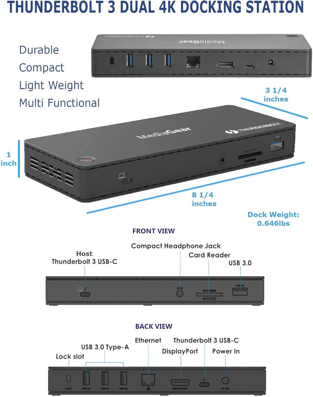 Thunderbolt 3 Dock with 4K 60Hz USB C DisplayPort 85W Power Delivery U43065