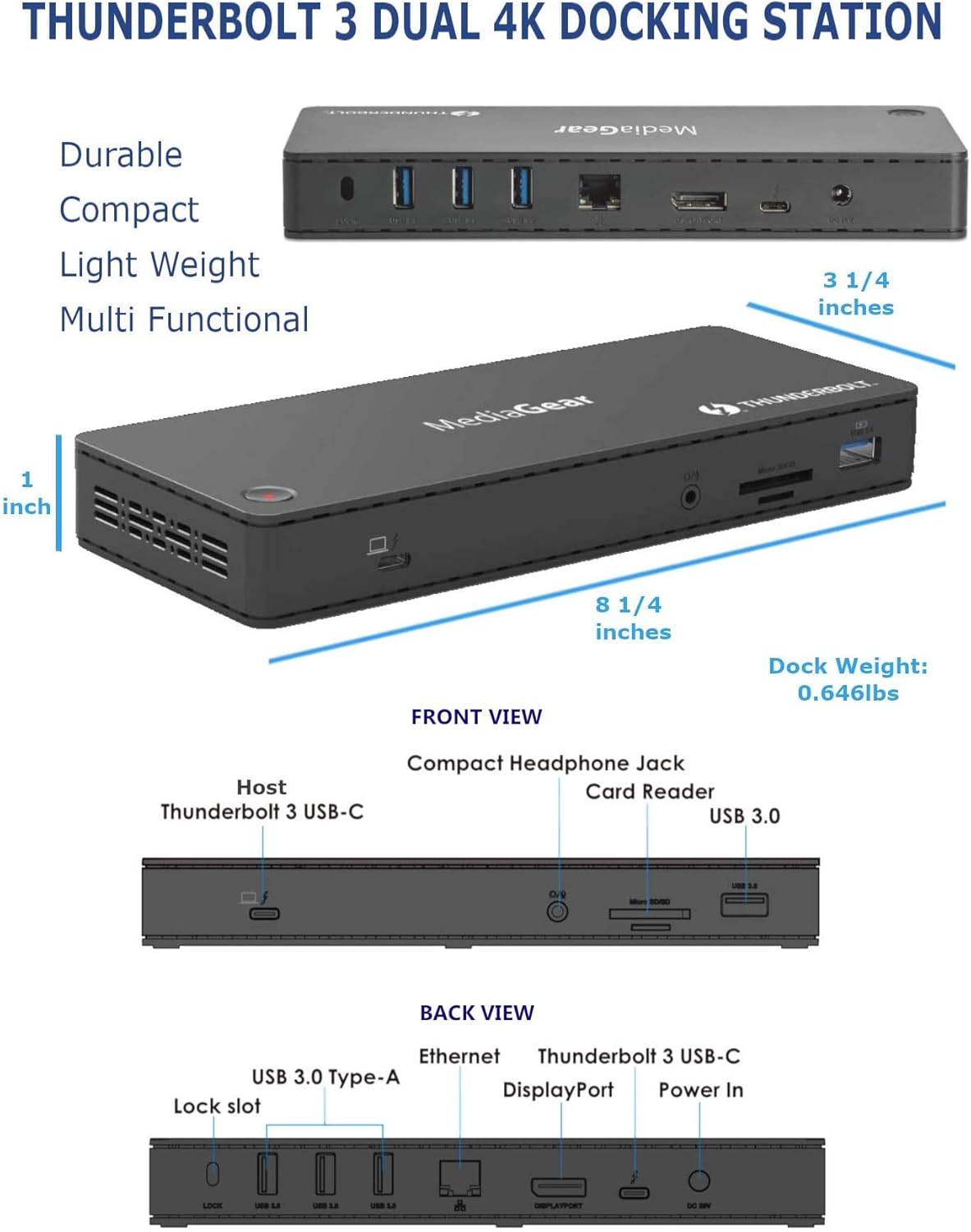 Thunderbolt 3 Dock with 4K 60Hz USB C DisplayPort 85W Power Delivery U43065