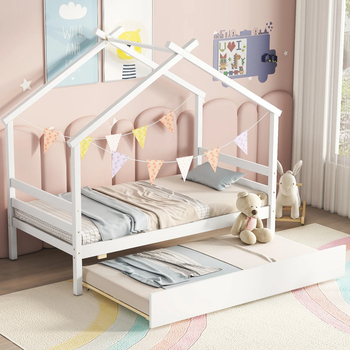 Twin Size White Bed Frame with Trundle C4154