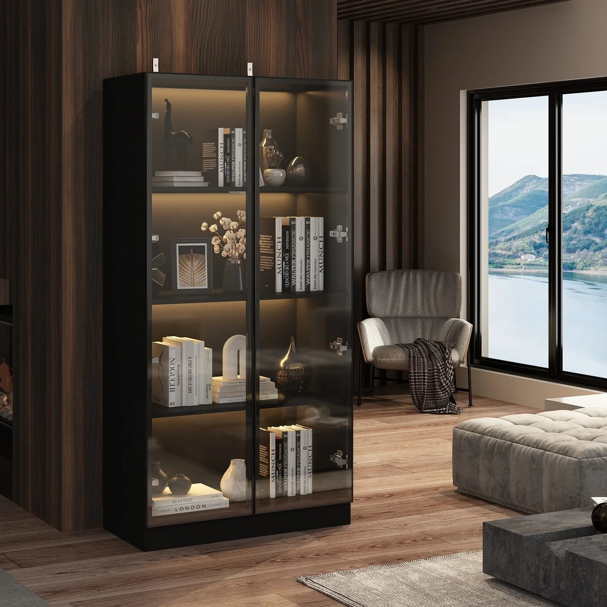 Black Glass Wood Display Cabinet with 4 Shelves H692
