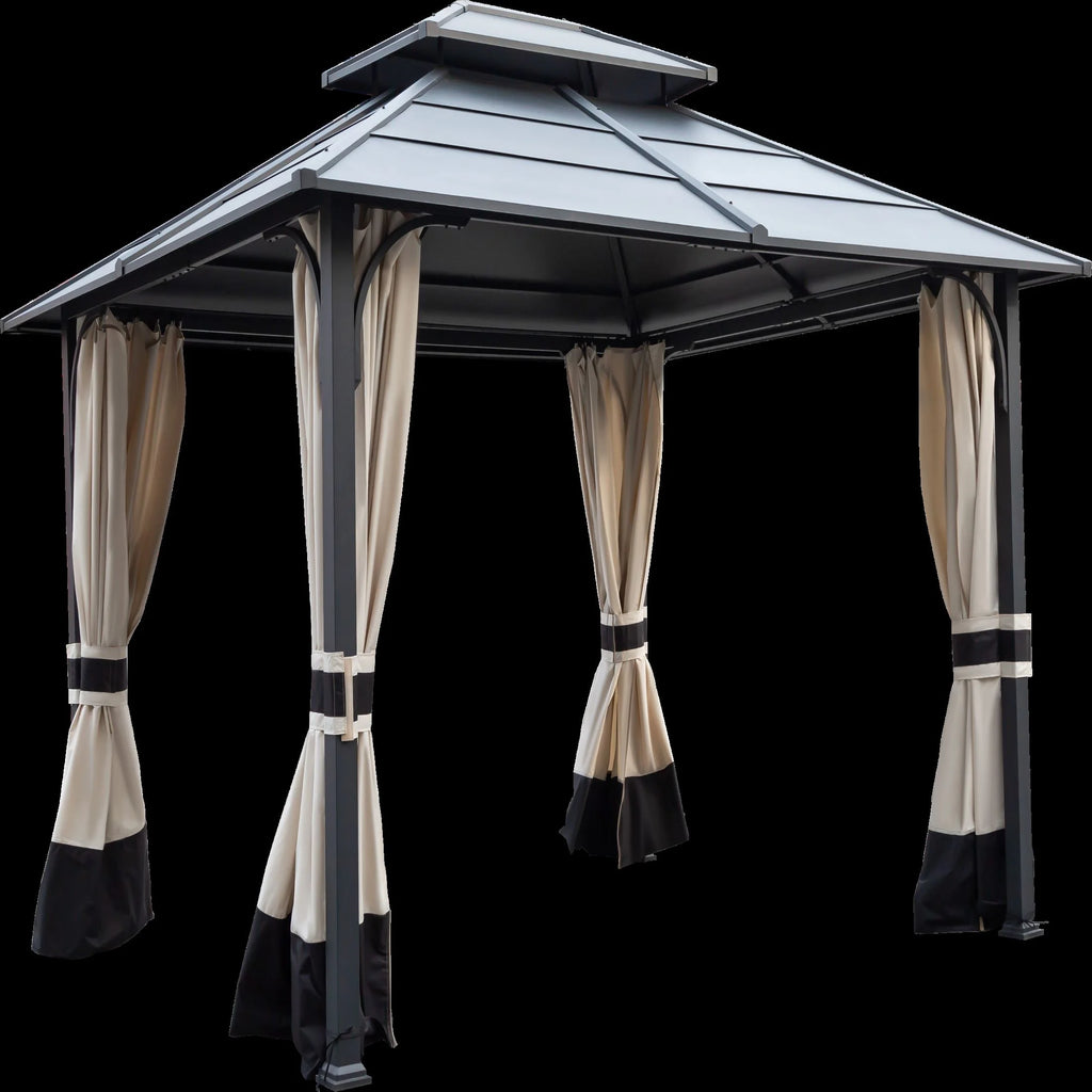 10x12ft Galvanized Steel Hard Top Outdoor Gazebo with Netting and Curtains W5413