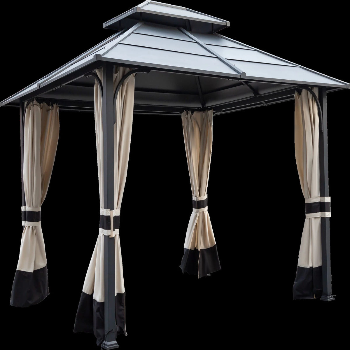 10x12ft Galvanized Steel Hard Top Outdoor Gazebo with Netting and Curtains W5413