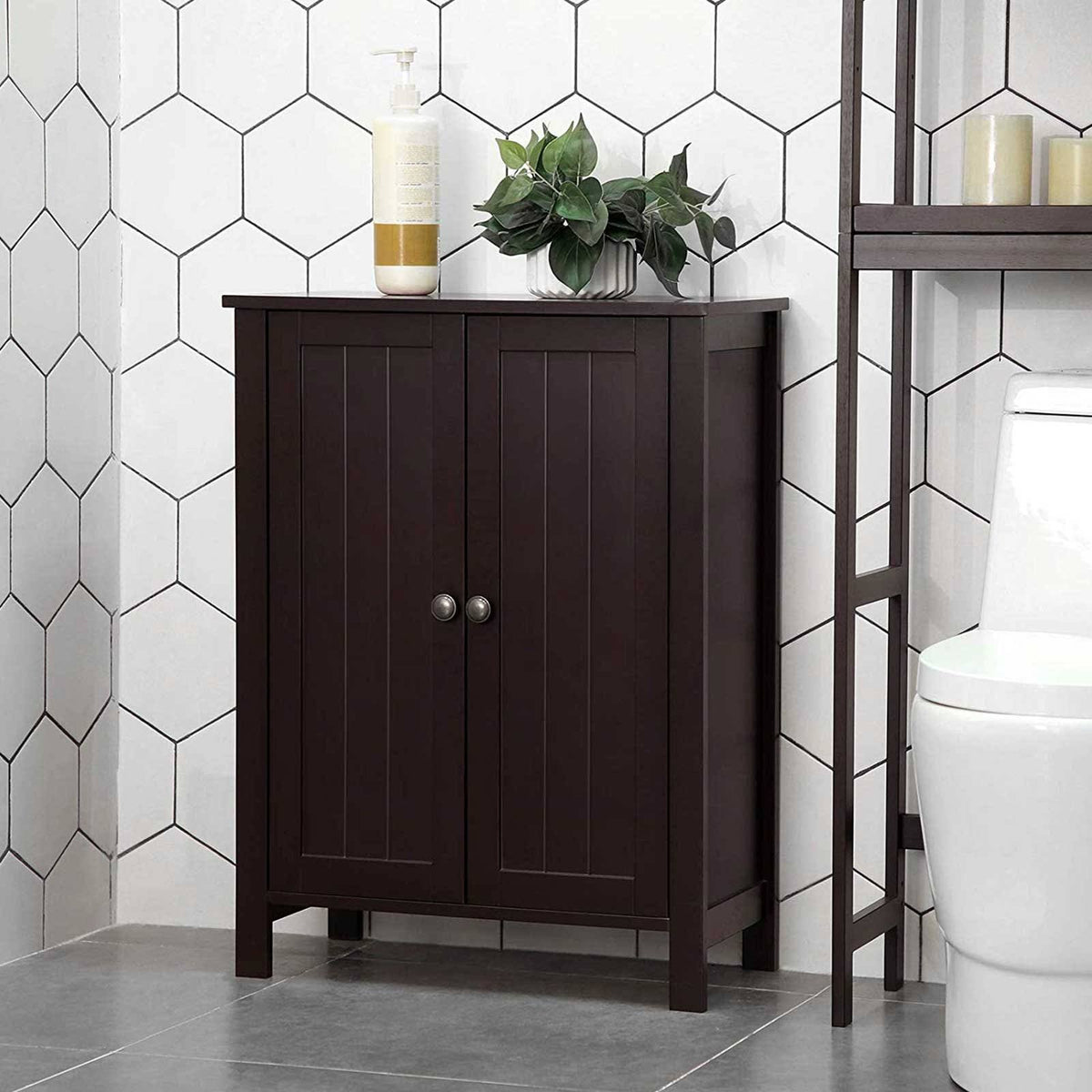 Brown Bathroom Floor Storage Cabinet with Double Door Adjustable Shelf Z9814