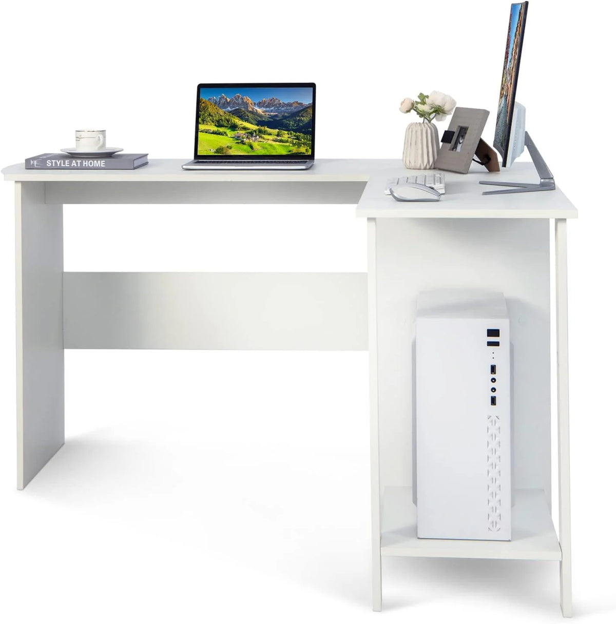 White L-Shaped Desk with Shelves X498