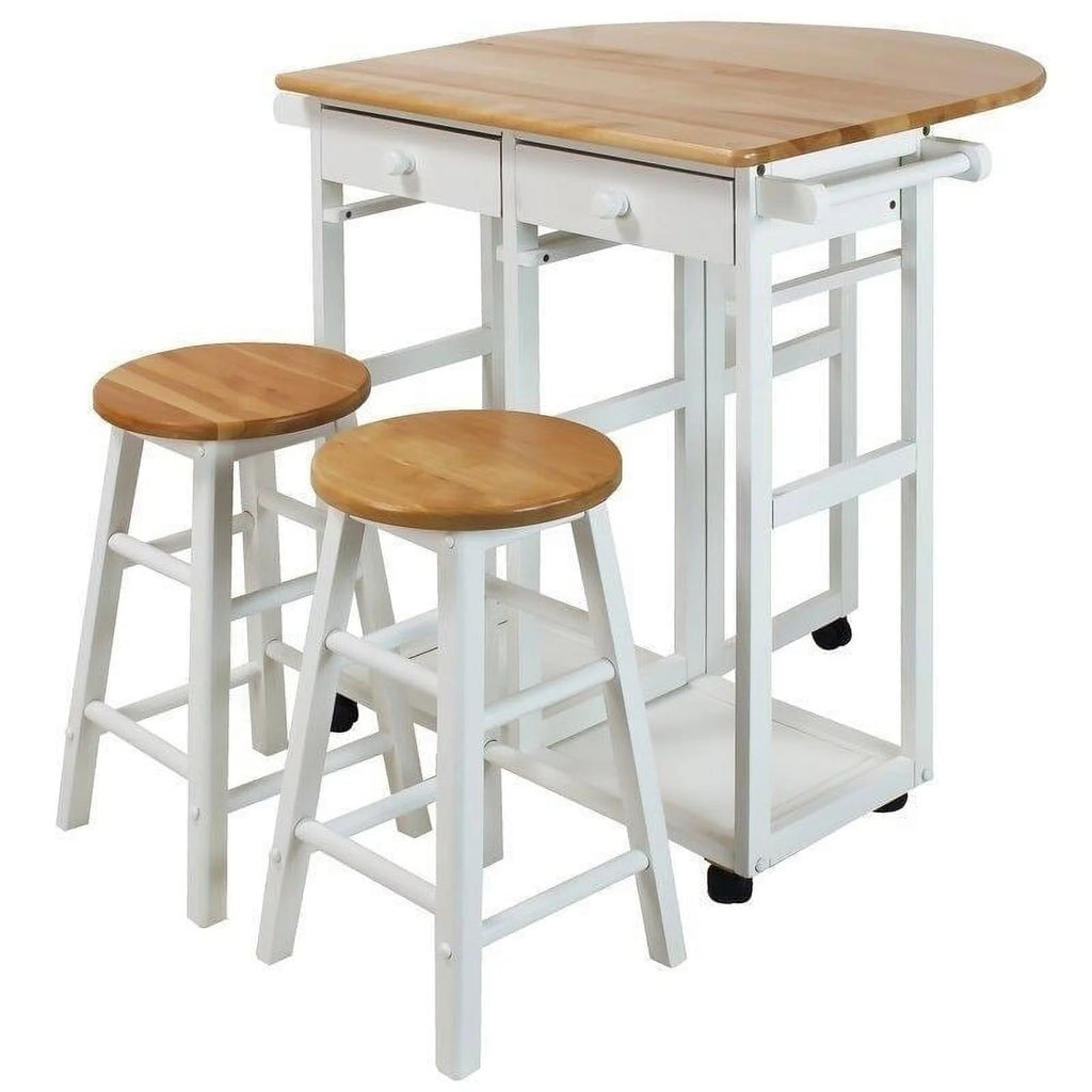 White Rolling Kitchen Cart with Stools I464