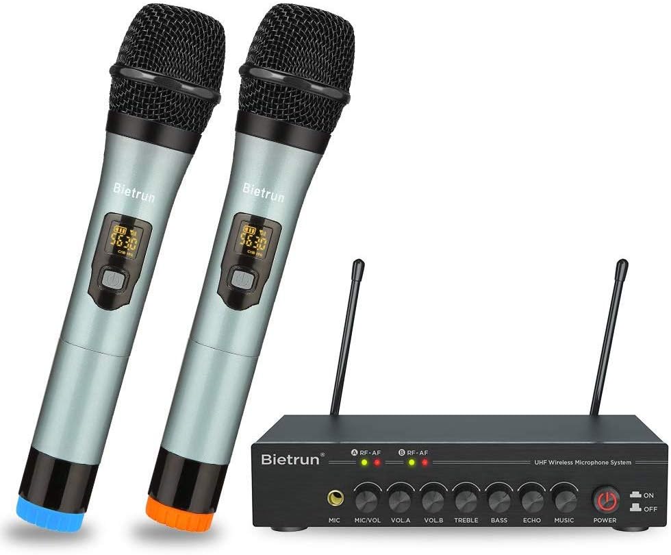 UHF Dual Channel Wireless Microphones with Bluetooth, Metal Cordless Handheld Dynamic Mics M160022