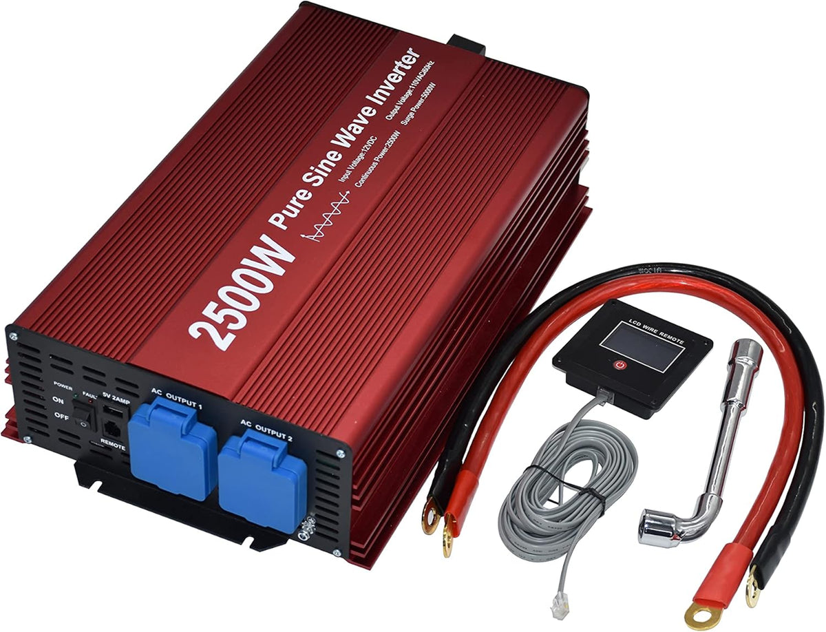2500W Pure Sine Wave Inverter 12V to 120V AC with 2 AC Outlets, LCD Display, Heavy Duty Battery Cables X316394