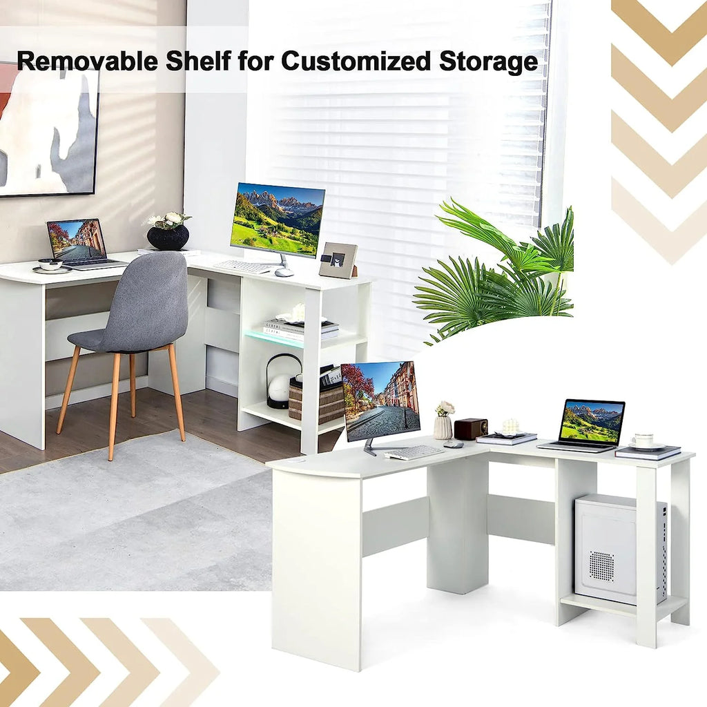White L-Shaped Desk with Shelves X498