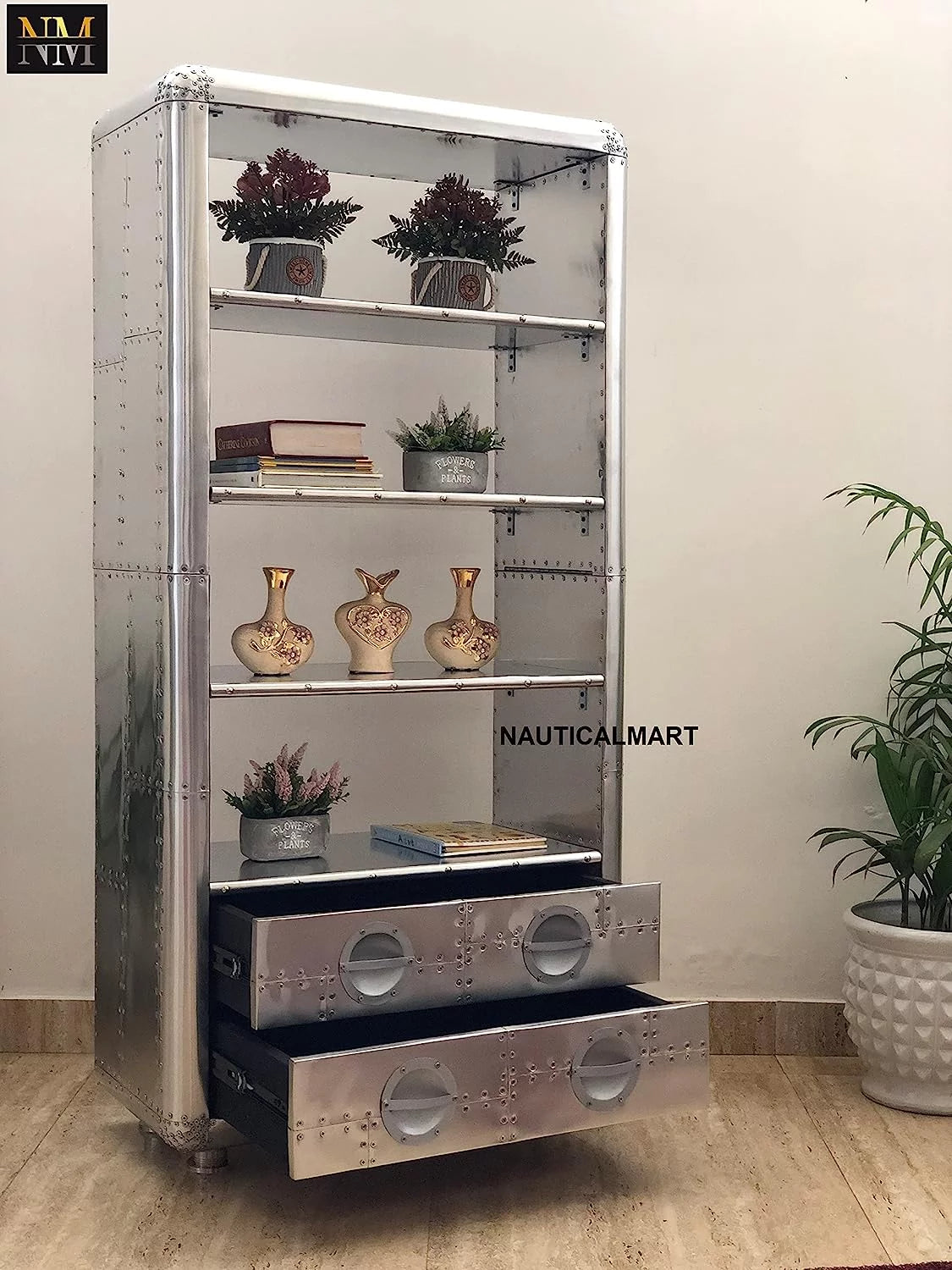 Aluminum Bookcase with Drawers 66 Inches T444