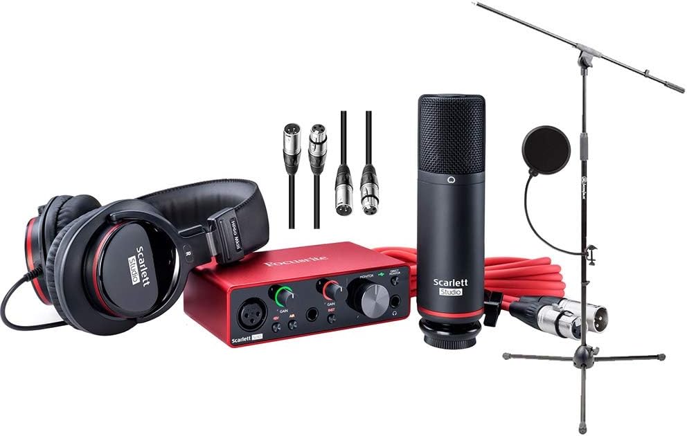 USB Audio Interface and Recording Bundle with Boom Microphone Stand, Microphone Cables and Pop Filter (5 Items) Q984072