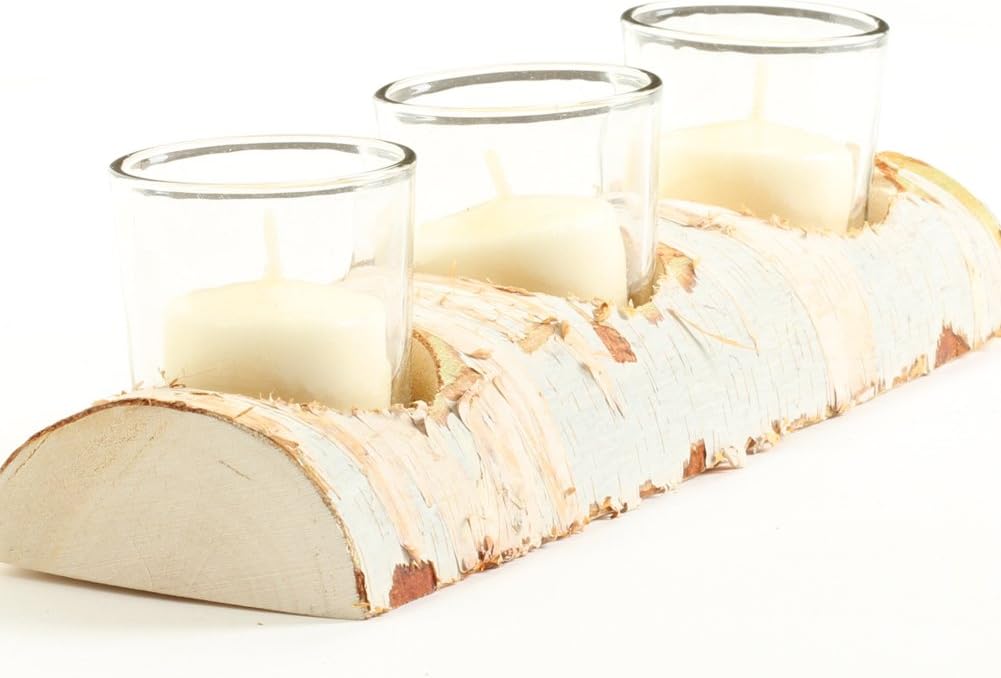 10-Inch Birch Log Candle Holder with 3 Glass Candle Holders M497207