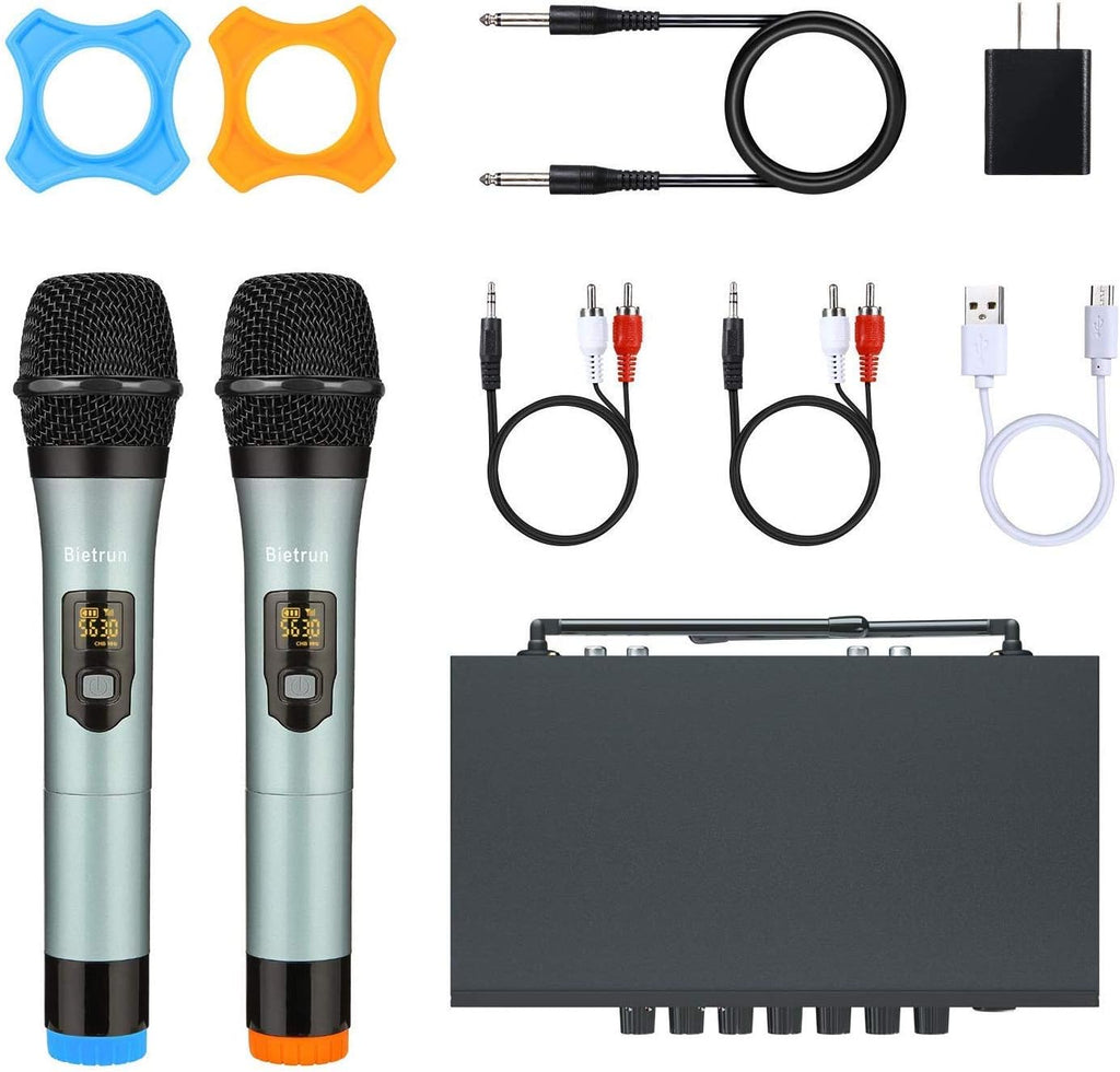 UHF Dual Channel Wireless Microphones with Bluetooth, Metal Cordless Handheld Dynamic Mics M160022