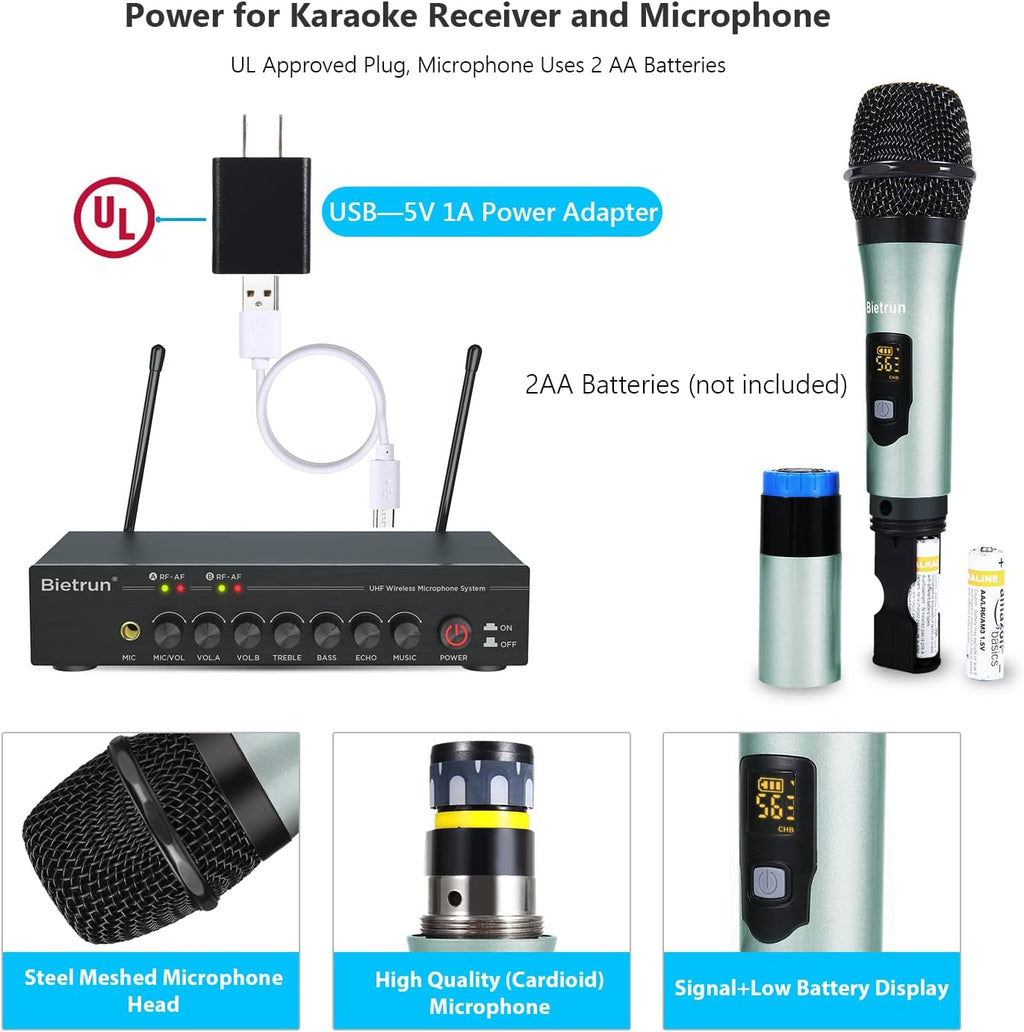 UHF Dual Channel Wireless Microphones with Bluetooth, Metal Cordless Handheld Dynamic Mics M160022