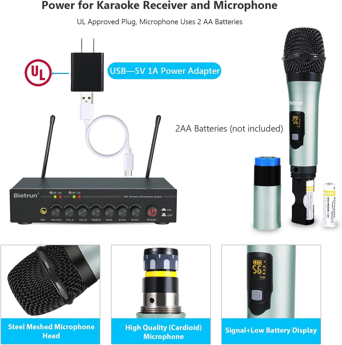 UHF Dual Channel Wireless Microphones with Bluetooth, Metal Cordless Handheld Dynamic Mics M160022