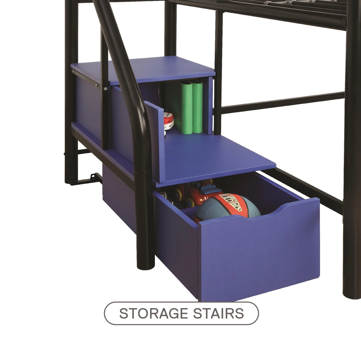 Black Blue Twin Metal Loft Bed with Storage Steps W2150