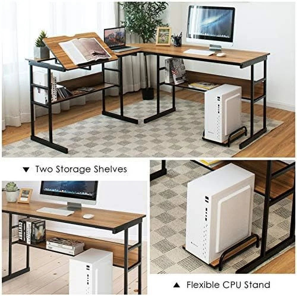 67 inches L-Shaped Corner Computer Desk with Bookshelves Q182395