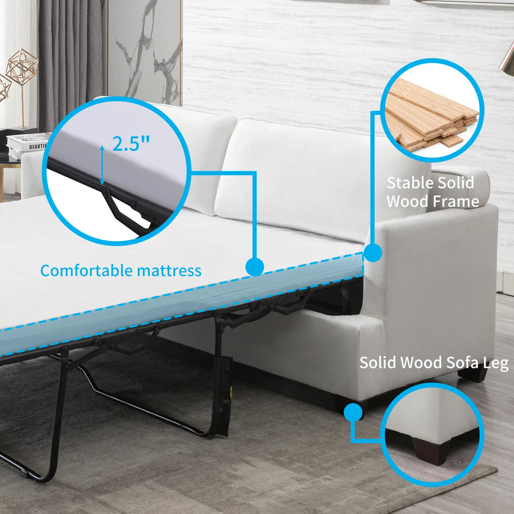 Beige Velvet Queen Size Pull Out Sofa Bed with Foam Mattress F368