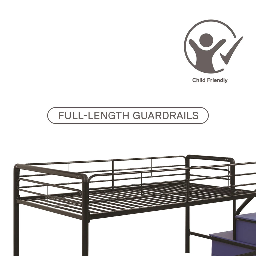 Black Blue Twin Metal Loft Bed with Storage Steps W2150