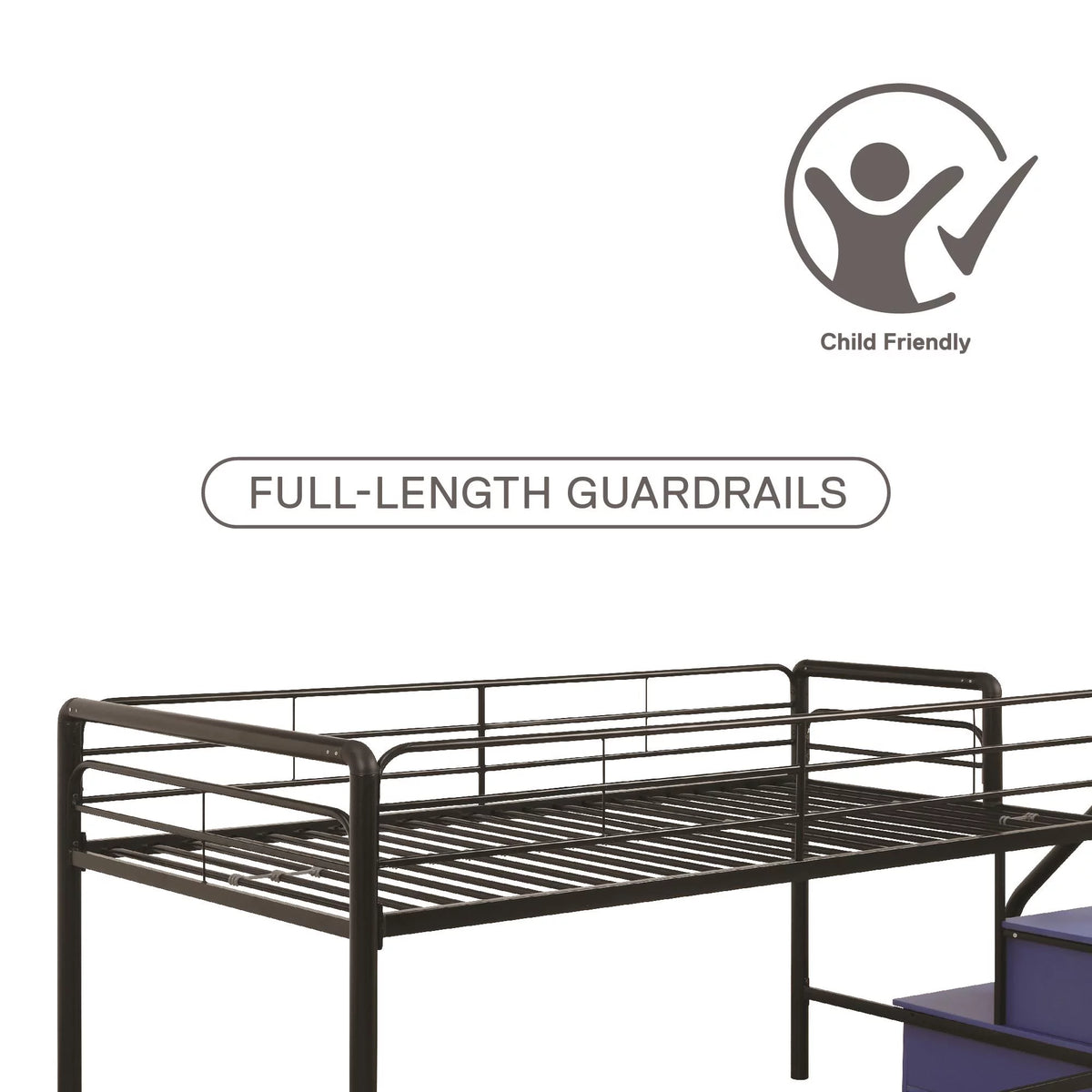 Black Blue Twin Metal Loft Bed with Storage Steps W2150