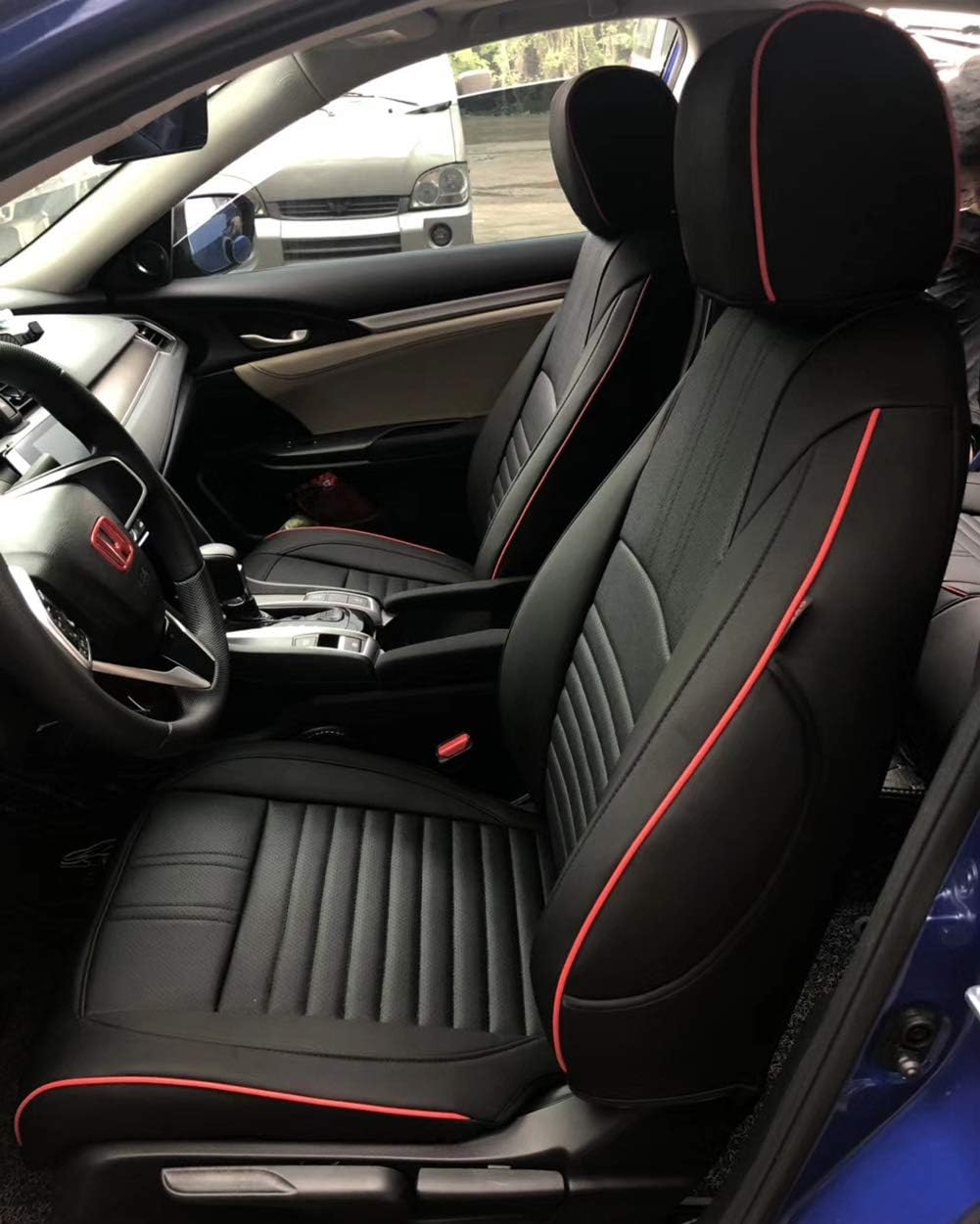 Black with Red Trim Leatherette Car Seat Covers for Honda Civic Sedan M4102