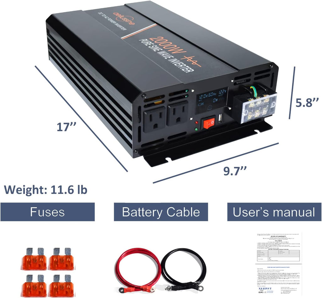 Power Inverter 2000W Pure Sine Wave 12v DC to AC 120v Peak 4000 Watt Converter with LCD Display USB Charge Port B602