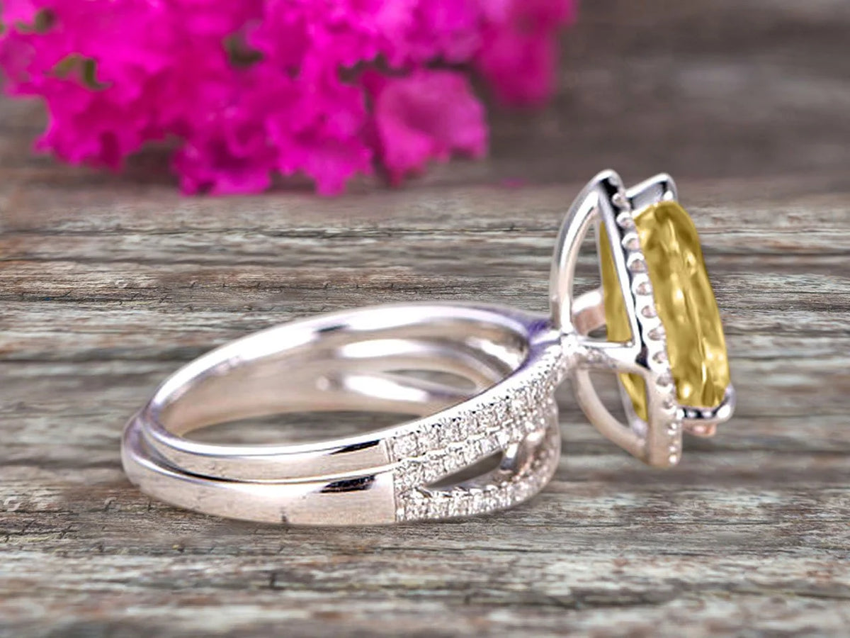 Champagne Diamond Moissanite Engagement Ring 2.5 Carat Pear Shape Gemstone Wedding Set On 10k White Gold With Matching Band U727