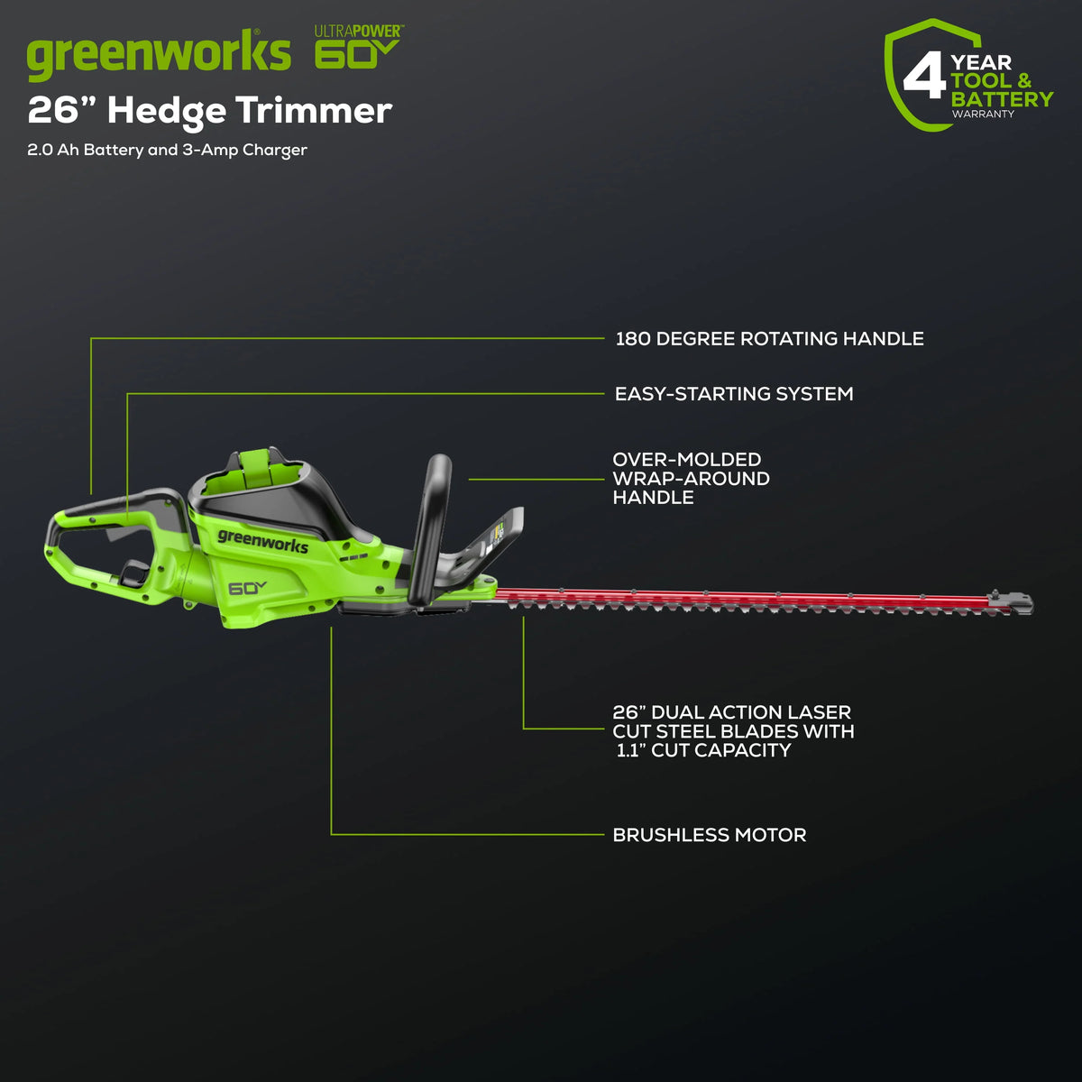 60V 26 Hedge Trimmer with 2.0 Ah Battery & 3 Amp Charger A815