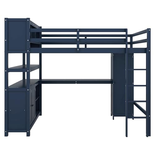 Full Size Wood Loft Bed with Desk and Storage K454