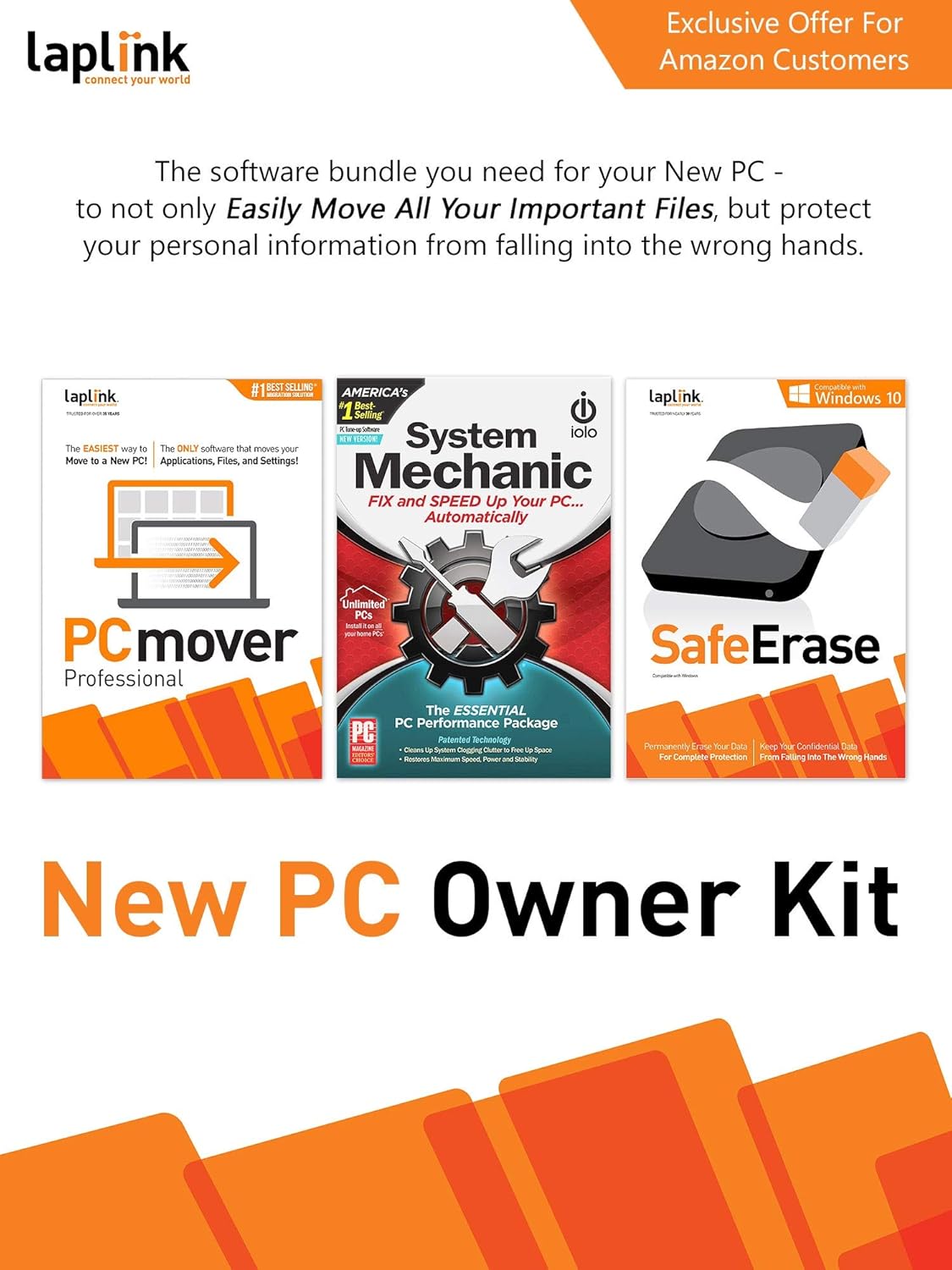 PC Owner Kit with PCmover Professional, SafeErase, System Mechanic, PC Download, Pack of 2 H100
