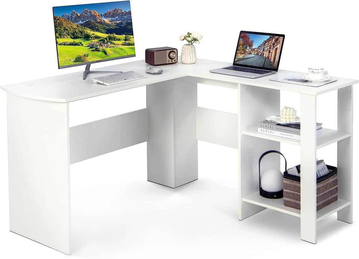 White L-Shaped Desk with Shelves X498