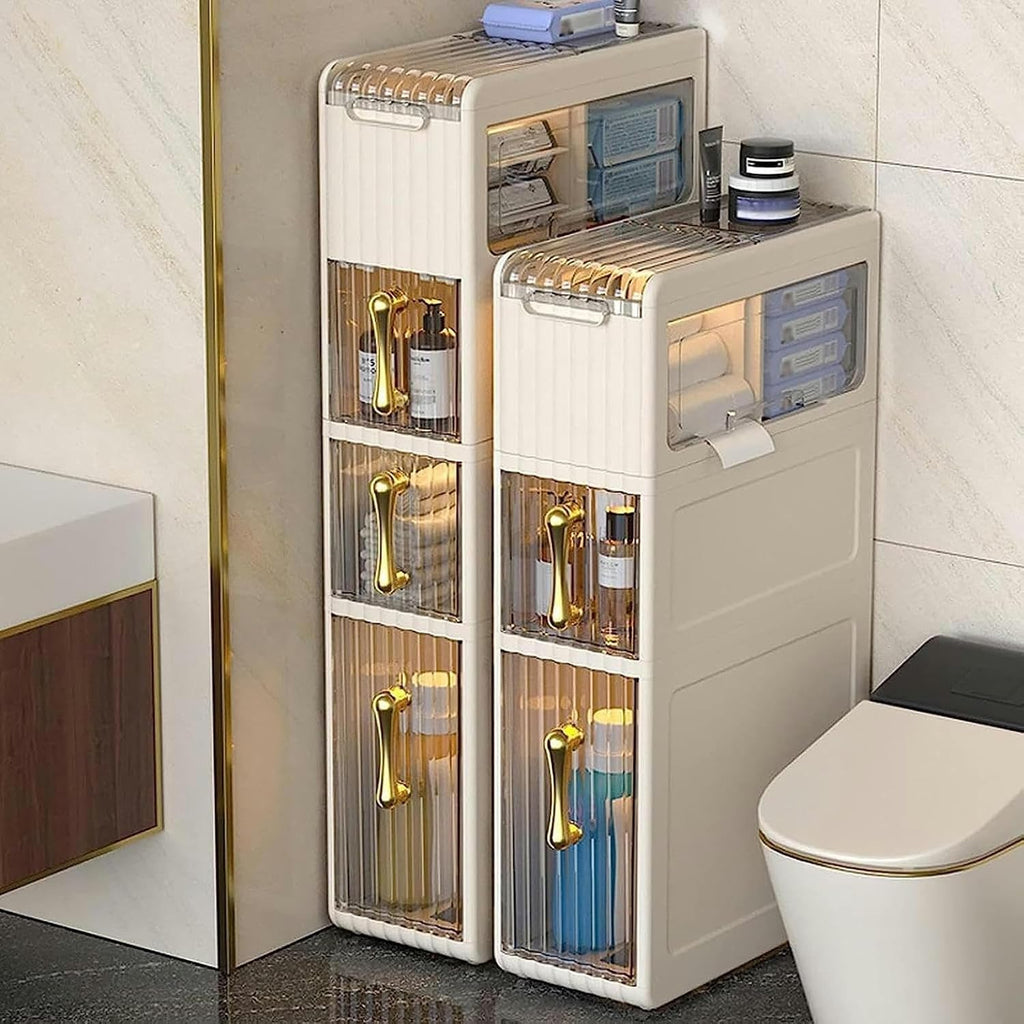 Narrow Bathroom Floor Storage Cabinet with Drawers and Wheels R535