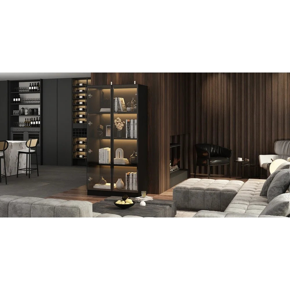 Black Glass Wood Display Cabinet with 4 Shelves H692