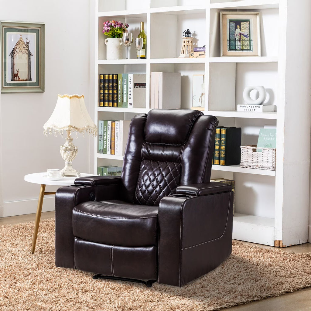 Brown Leather Home Theater Seating with USB Ports and Cup Holders X764848