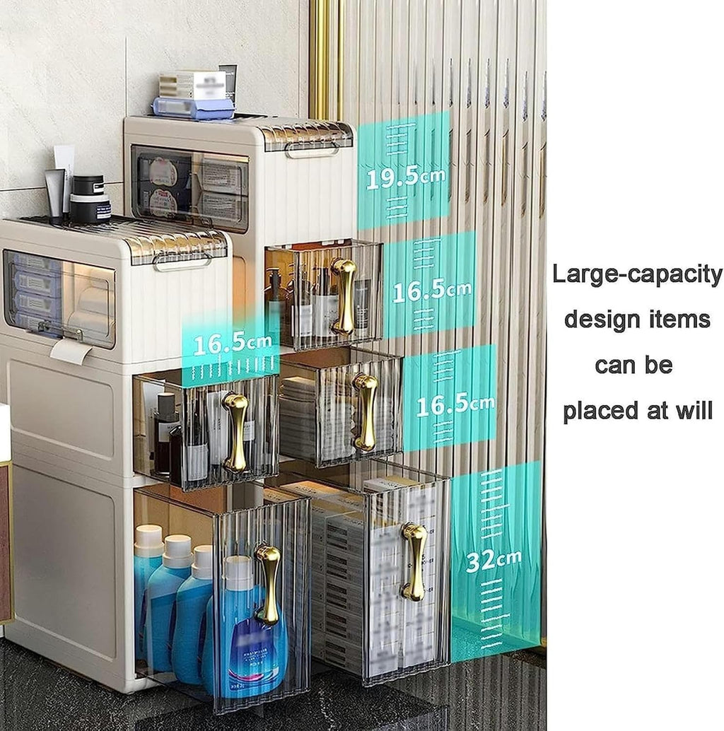 Narrow Bathroom Floor Storage Cabinet with Drawers and Wheels R535